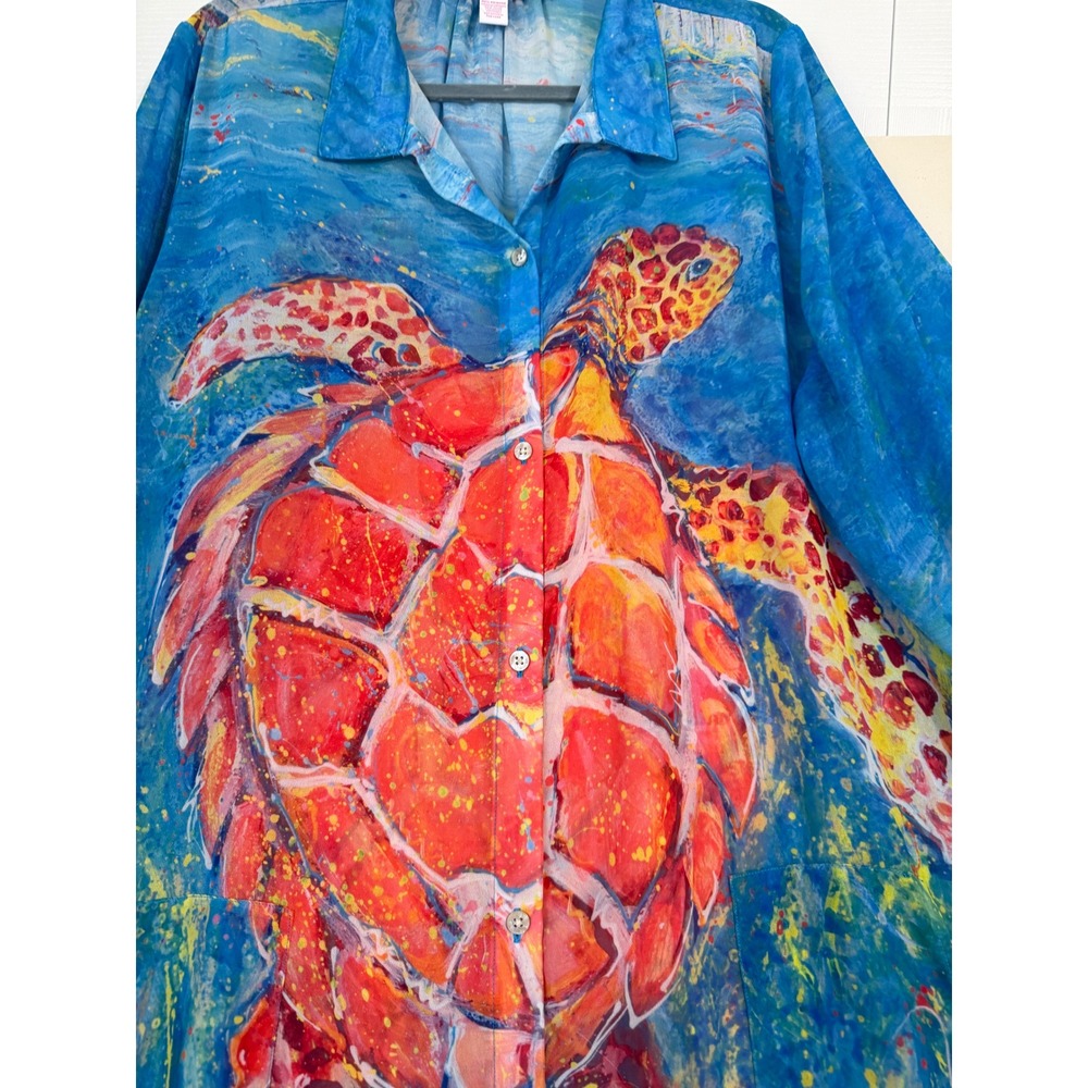 Leoma Lovegrove Sea Turtle Art Tunic Shirt Womens XL Blue Orange Button Up Long - Picture 12 of 12